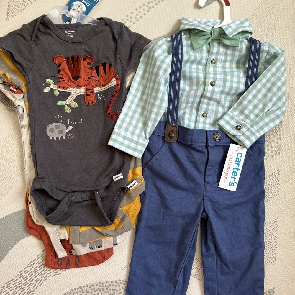 New w tags Gerber onesies + Carter’s suit with bow
